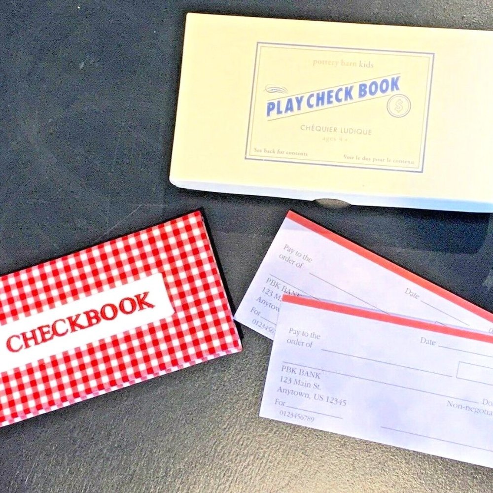 POTTERY BARN KIDS Red Checkered Play Checkbook NEW includes Box & 3 check books